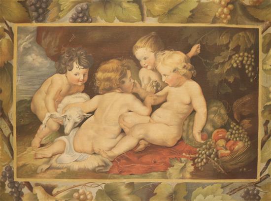 A printed canvas panel of putti within vineous border, 72 x 92cm